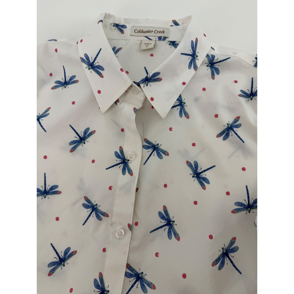 Coldwater Creek Womens White Dragonfly Polka Dot Cotton Button Up Shirt Size 8 - Picture 3 of 5